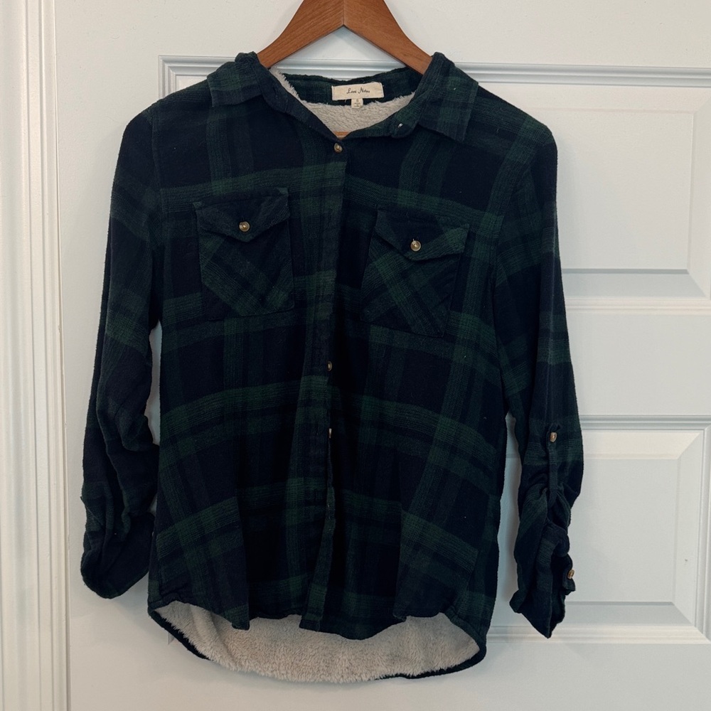 ✅Love Notes Green and Black Button up with soft lining